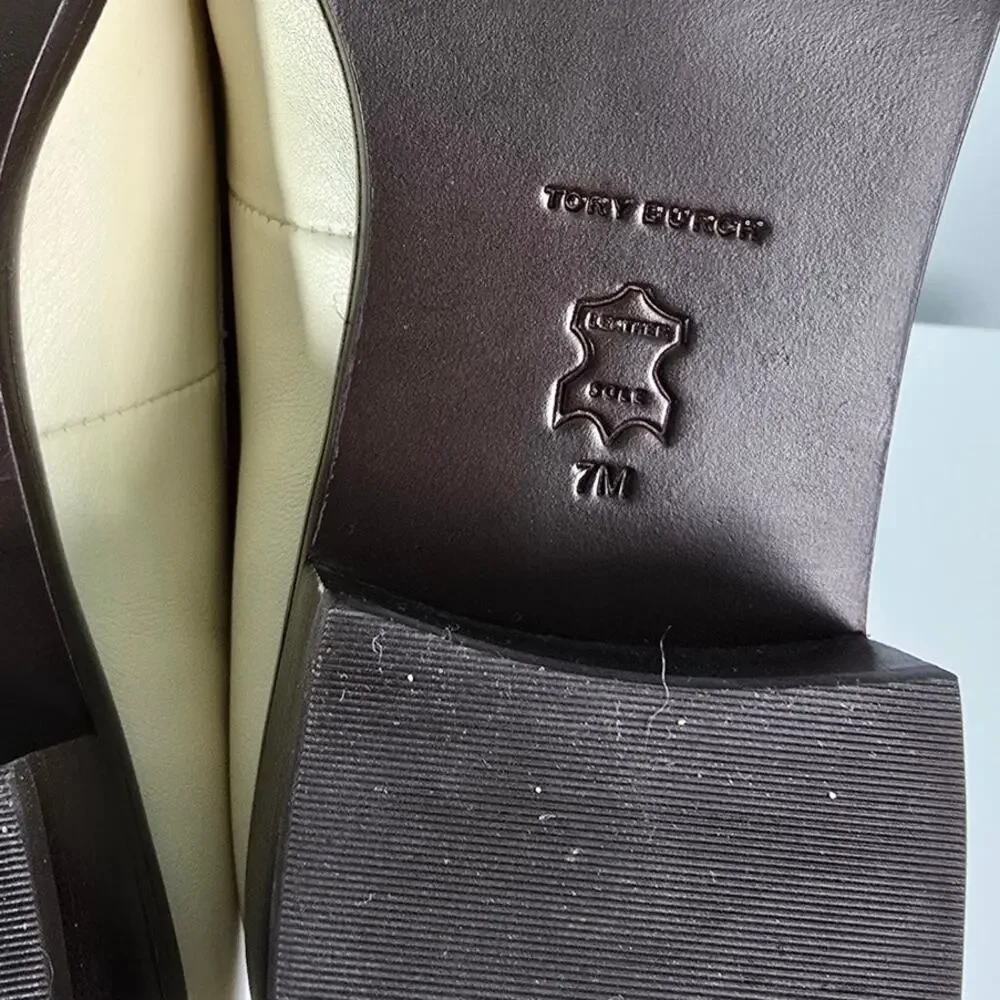 Tory Burch Eleanor Heeled Loafers Cream Leather Brass Logo Size 7M